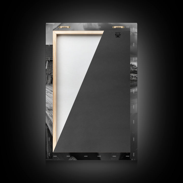 Docked Rowboat Scene, Calm Harbor, Coastal Village, Still Waters, Framed Canvas Print, Seaside Art, Beach House Wall Decor