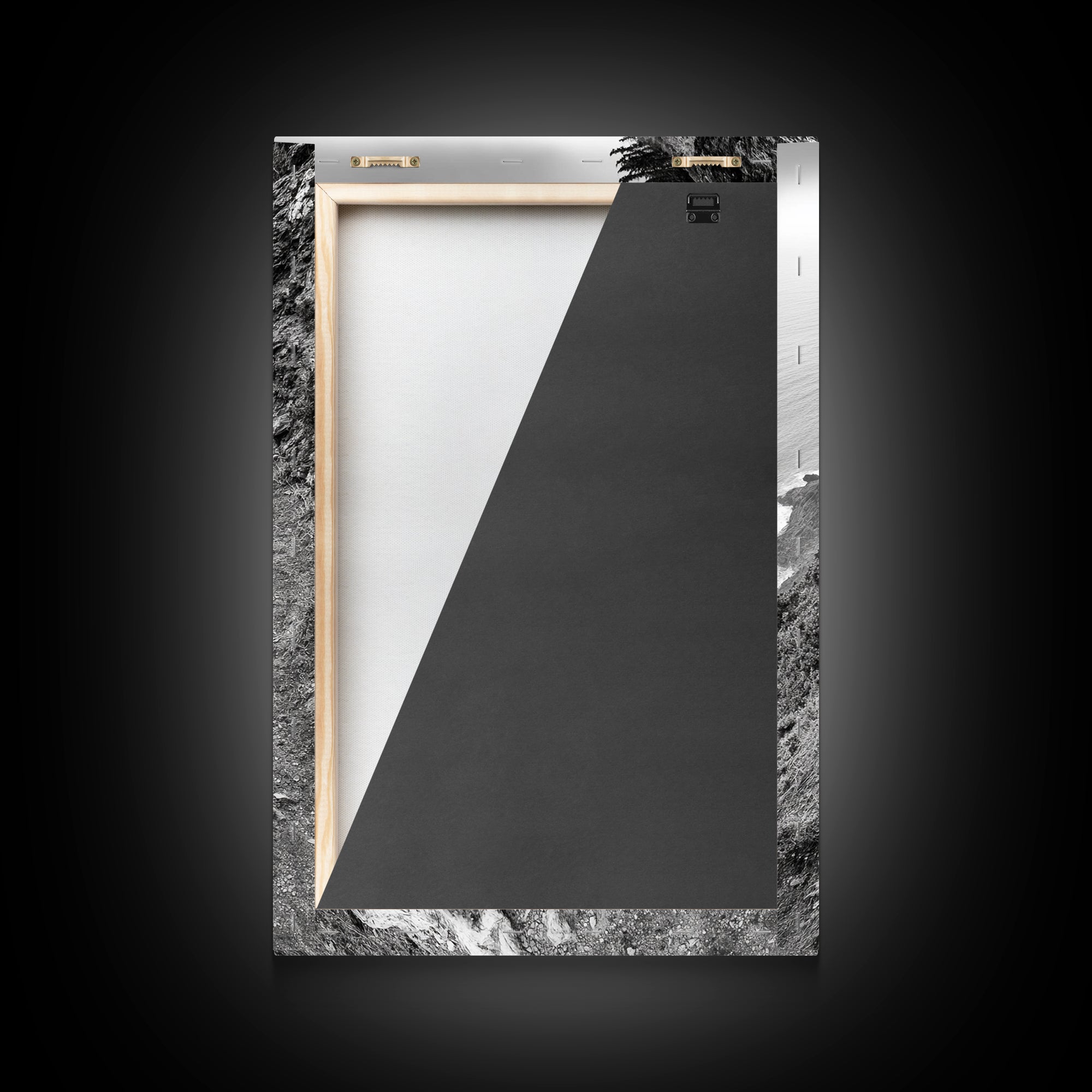 Rocky Cliff Trail, Coastal Hiking, Rugged Landscape, Nature Adventure Art, Framed Canvas Print, Cabin Wall Decor, Black and White Aesthetic