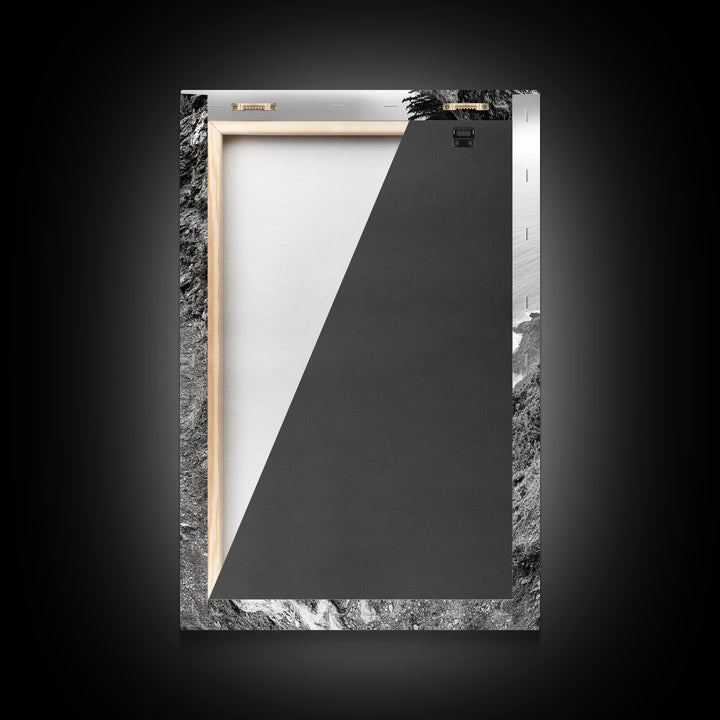 Rocky Cliff Trail, Coastal Hiking, Rugged Landscape, Nature Adventure Art, Framed Canvas Print, Cabin Wall Decor, Black and White Aesthetic