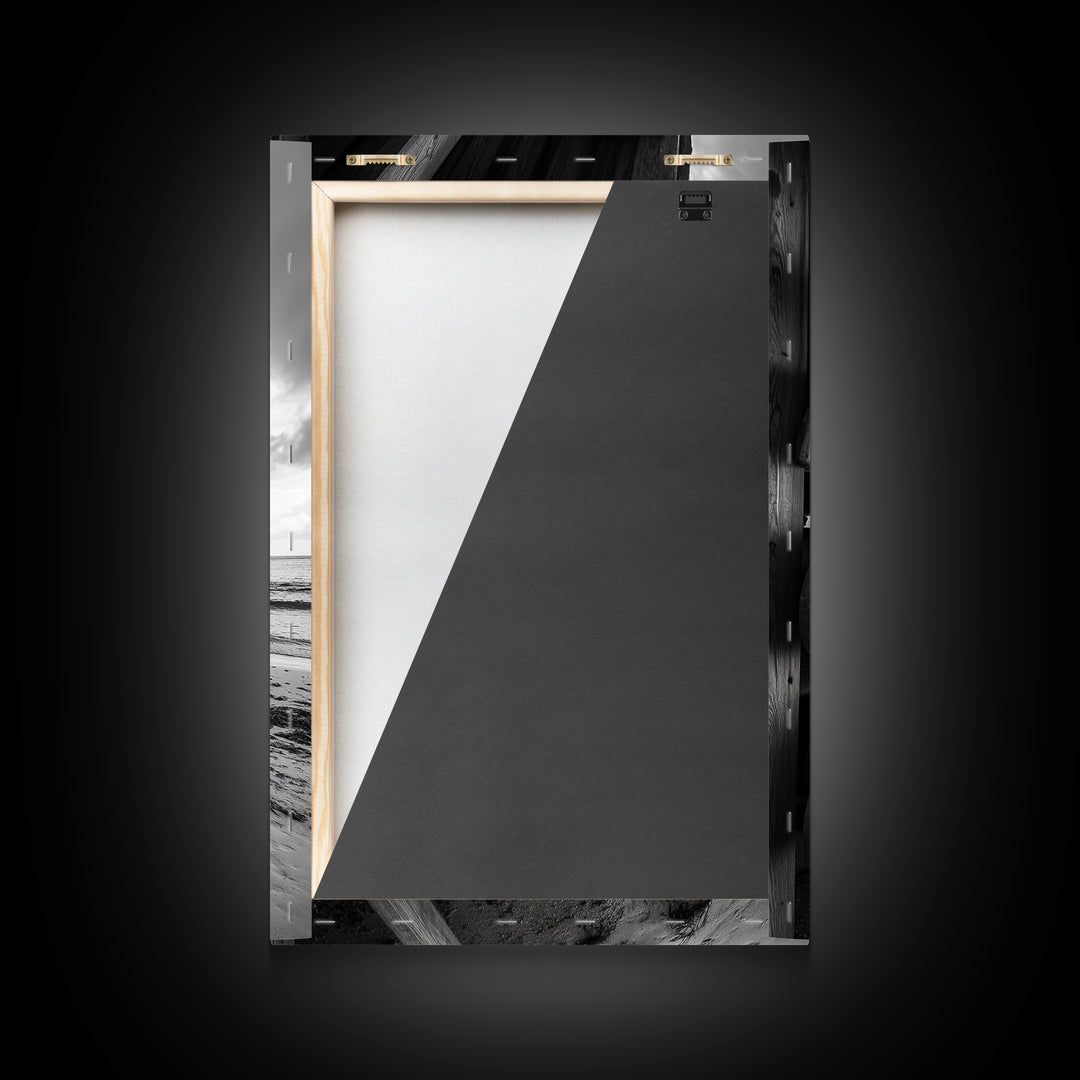 Canoes, Rack, Ocean, Shelter - Surf shack vibes with coastal canoe stack, Framed Canvas Print, great beach house or boho hallway art, grayscale