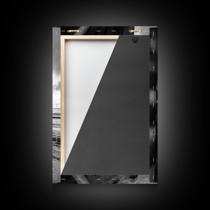 Canoes, Rack, Ocean, Shelter - Surf shack vibes with coastal canoe stack, Framed Canvas Print, great beach house or boho hallway art, grayscale