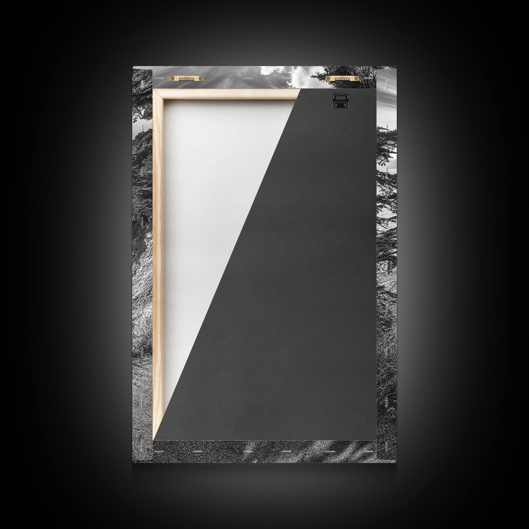 Coastal Cliff, Ocean View, Rocky Shoreline, Framed Canvas Print, Black and White Art, Coastal Living Wall Decor, Nature Landscape Art