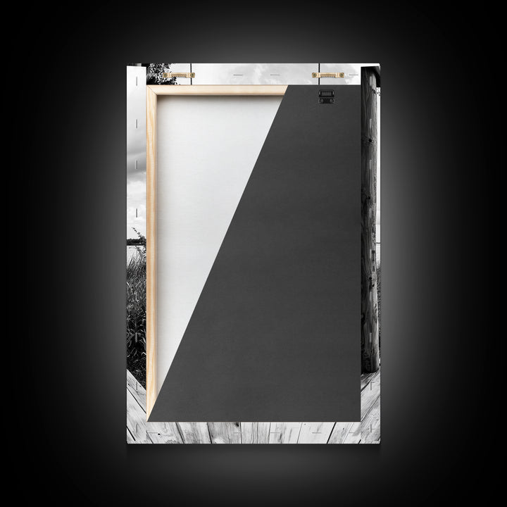Lake Swing, Cloudy Sky, Calm View, Framed Canvas Print, Farmhouse Wall Art, Serene Kitchen Decor, Rustic Black and White Photography