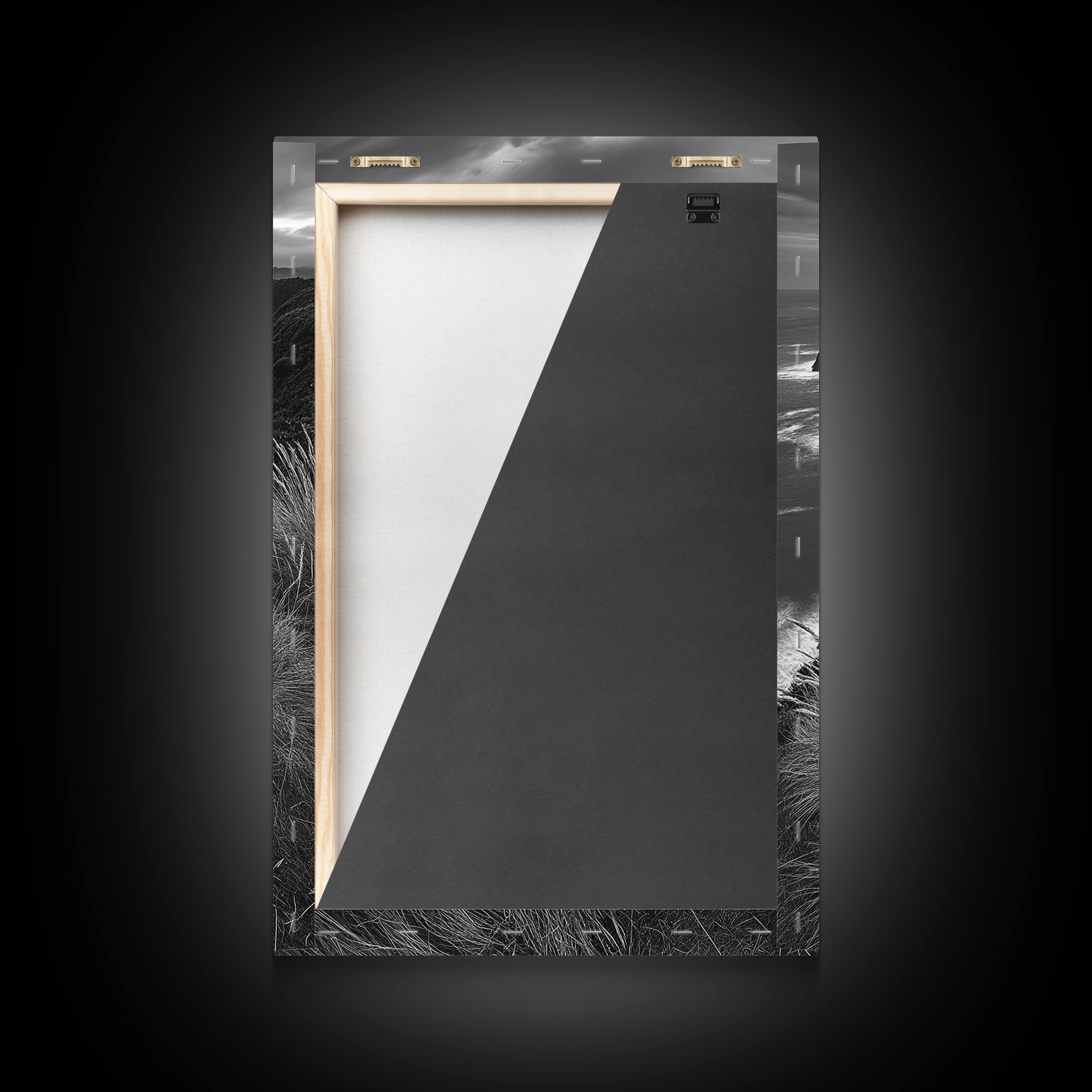 Coastal Cliffs, Ocean Rocks, Tall Grass, Canvas Print, Windswept Landscape Art, Beach House Wall Decor, Monochrome Nature Scene