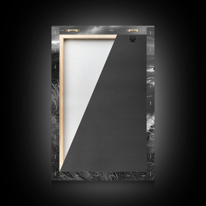 Coastal Cliffs, Ocean Rocks, Tall Grass, Canvas Print, Windswept Landscape Art, Beach House Wall Decor, Monochrome Nature Scene