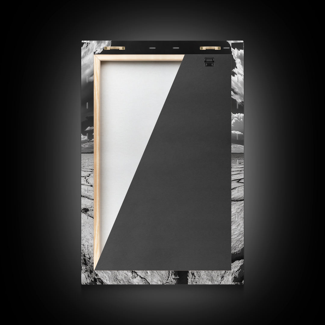 Cracked Earth, Storm Sky, Desert View, Framed Canvas Print, Dramatic Landscape Art, Modern Living Room Decor, Moody Minimalist Wall Art