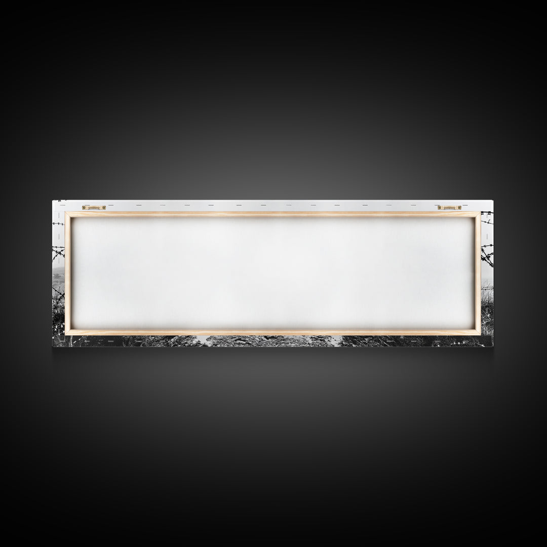 Barbed Coast, Foggy Beach, War Fence, Ocean Boundary, Framed Canvas Print, Industrial Wall Art, Living Room Decor, Black and White Art