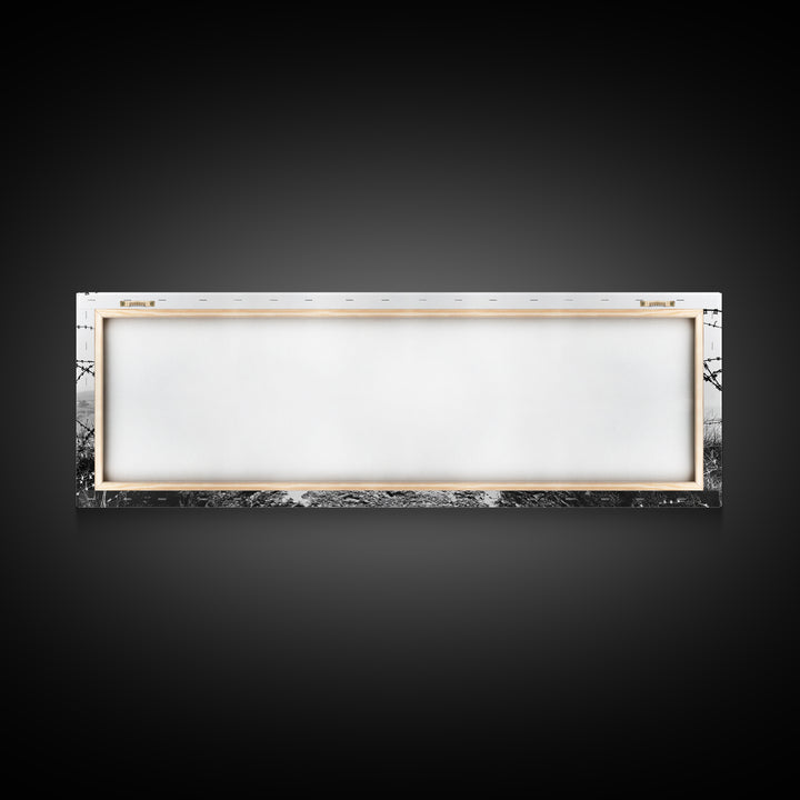 Barbed Coast, Foggy Beach, War Fence, Ocean Boundary, Framed Canvas Print, Industrial Wall Art, Living Room Decor, Black and White Art