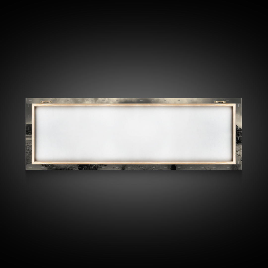 Dockside Calm, Stormy Shore, Ocean Jetty, Framed Canvas Print, Moody Coastal Wall Art, Living Room Art, Rustic Lakehouse Decor