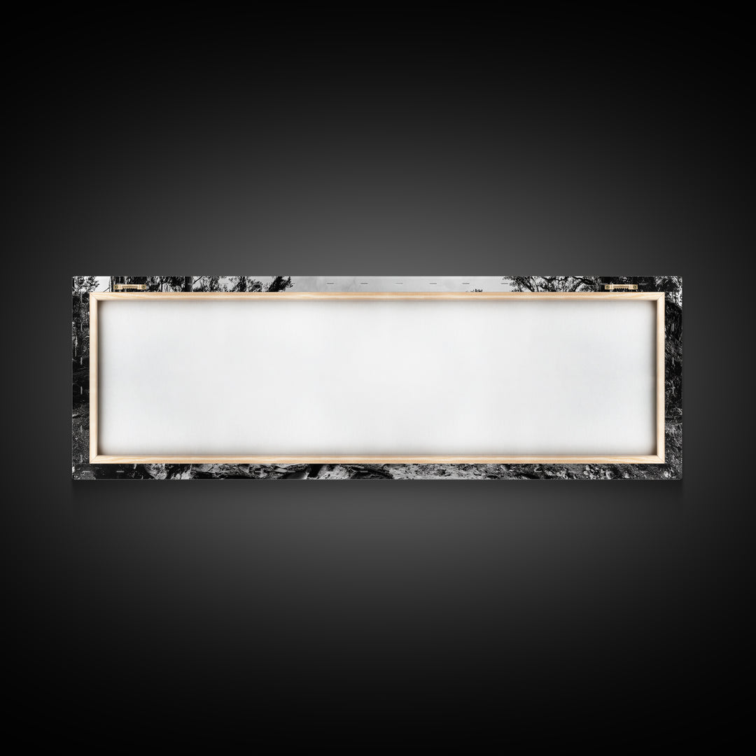 Rocky Shore, Ocean Vista, Misty Wilderness, Framed Canvas Print, Nature Wall Art, Monochrome Landscape, Cabin or Office Decor