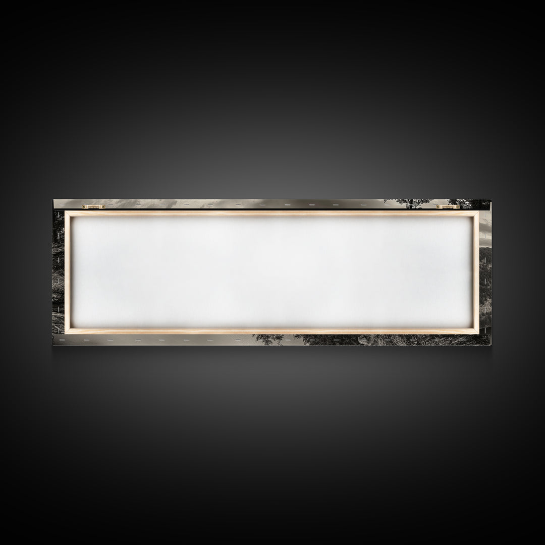 River Cliff View, Forested Mountains, Timeless Horizon, Framed Canvas Print, Living Room Wall Art, Cabin Rustic Decor, Moody Nature Art