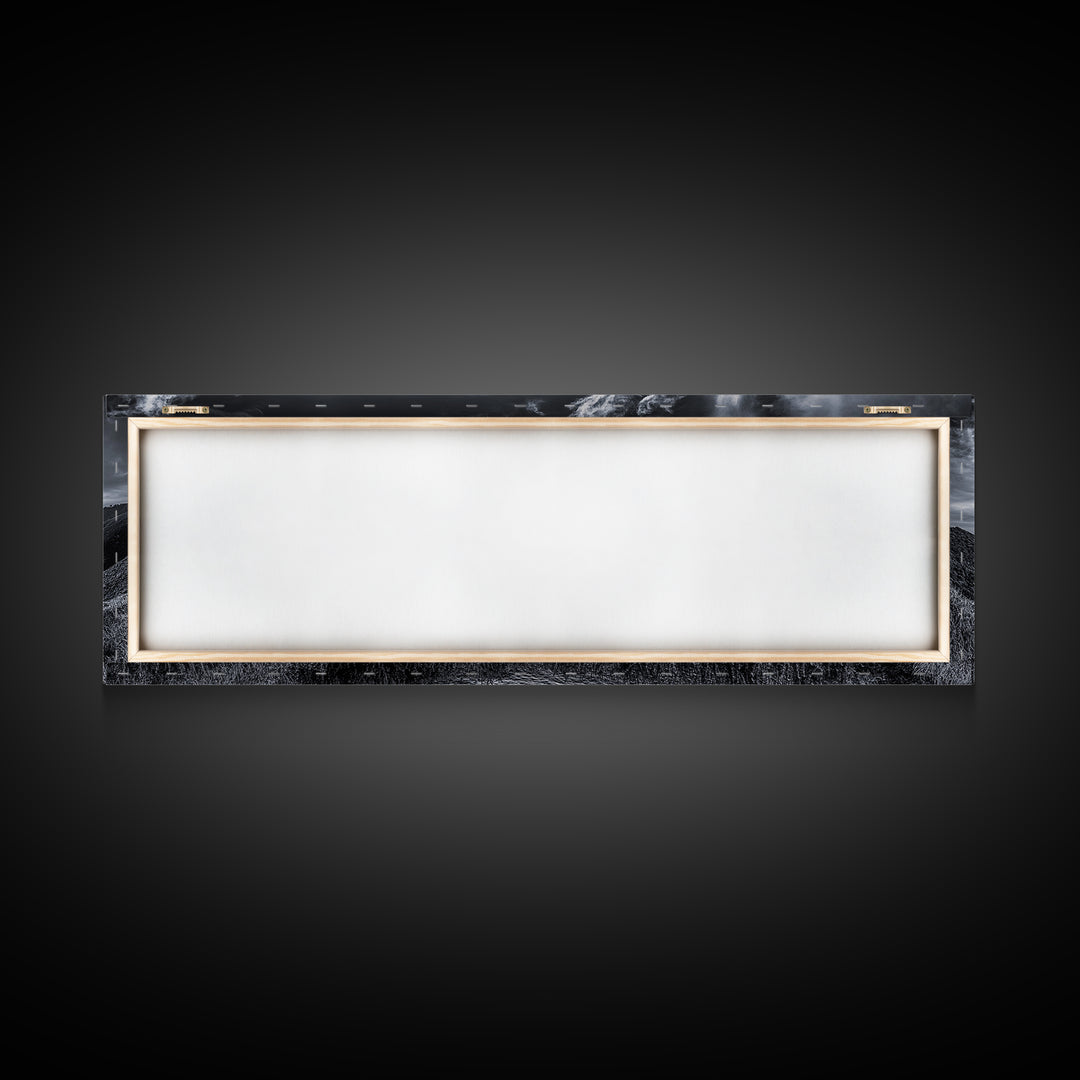 Cloudy Horizon, Wide Ocean View, Coastal Cliffs, Framed Canvas Print, dramatic seascape wall art, coastal kitchen decor, black and white