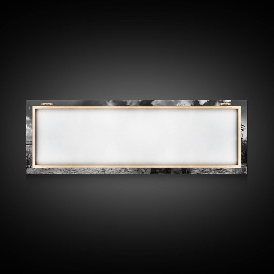 Beachside Bar Scene, Rustic Cafe, Ocean Picnic, Cloudy Sky, Framed Canvas Print, Coastal Kitchen Wall Art, Boho Bar Decor