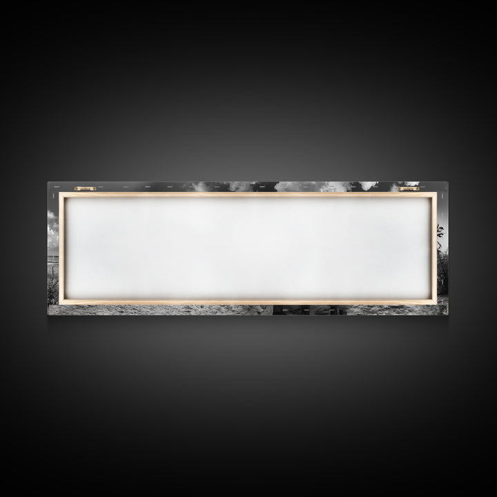 Beachside Bar Scene, Rustic Cafe, Ocean Picnic, Cloudy Sky, Framed Canvas Print, Coastal Kitchen Wall Art, Boho Bar Decor