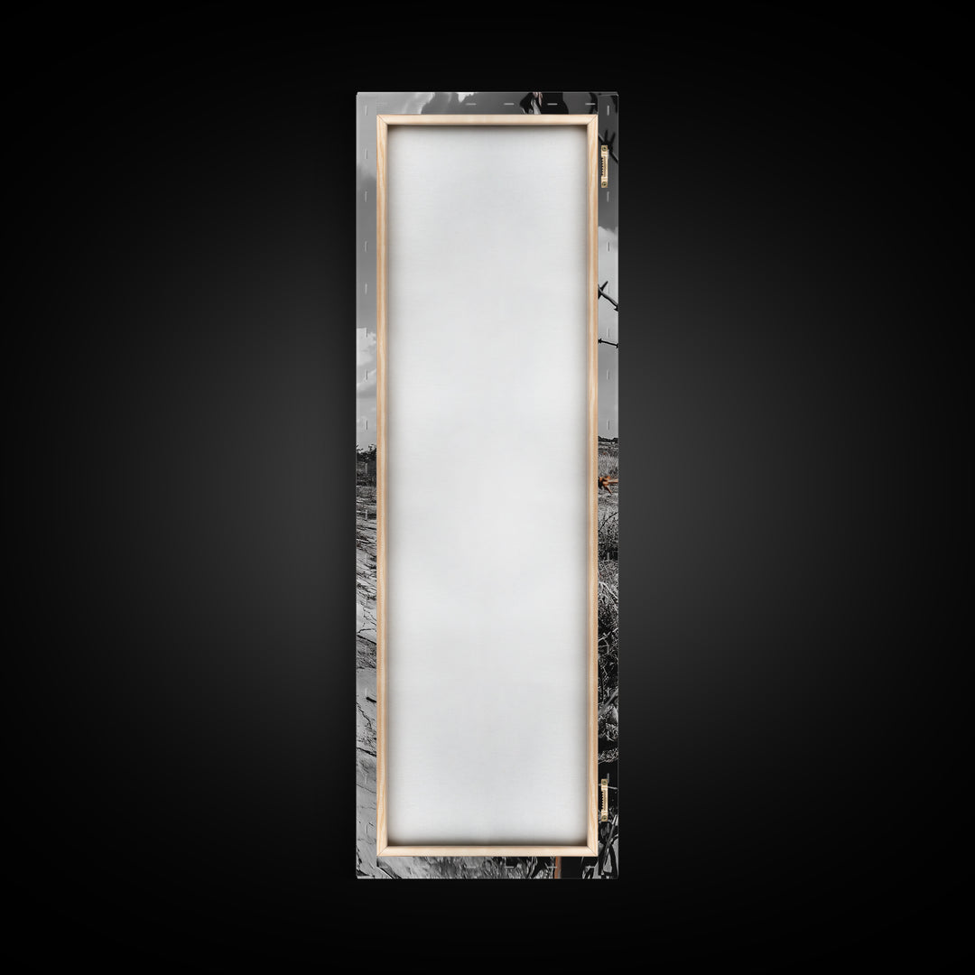 Rust Fence, Barbed Wire, Dramatic Sky, Framed Canvas Print, Abandoned Rural Art, Modern Industrial Decor, Grayscale Country Wall Art