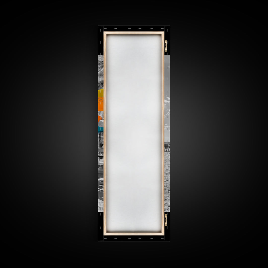 Beach Umbrellas, Seaside Dining, Summer Vibes, Framed Canvas Print, Tropical Kitchen Wall Art, Bright Coastal Decor, Boho Summer Style