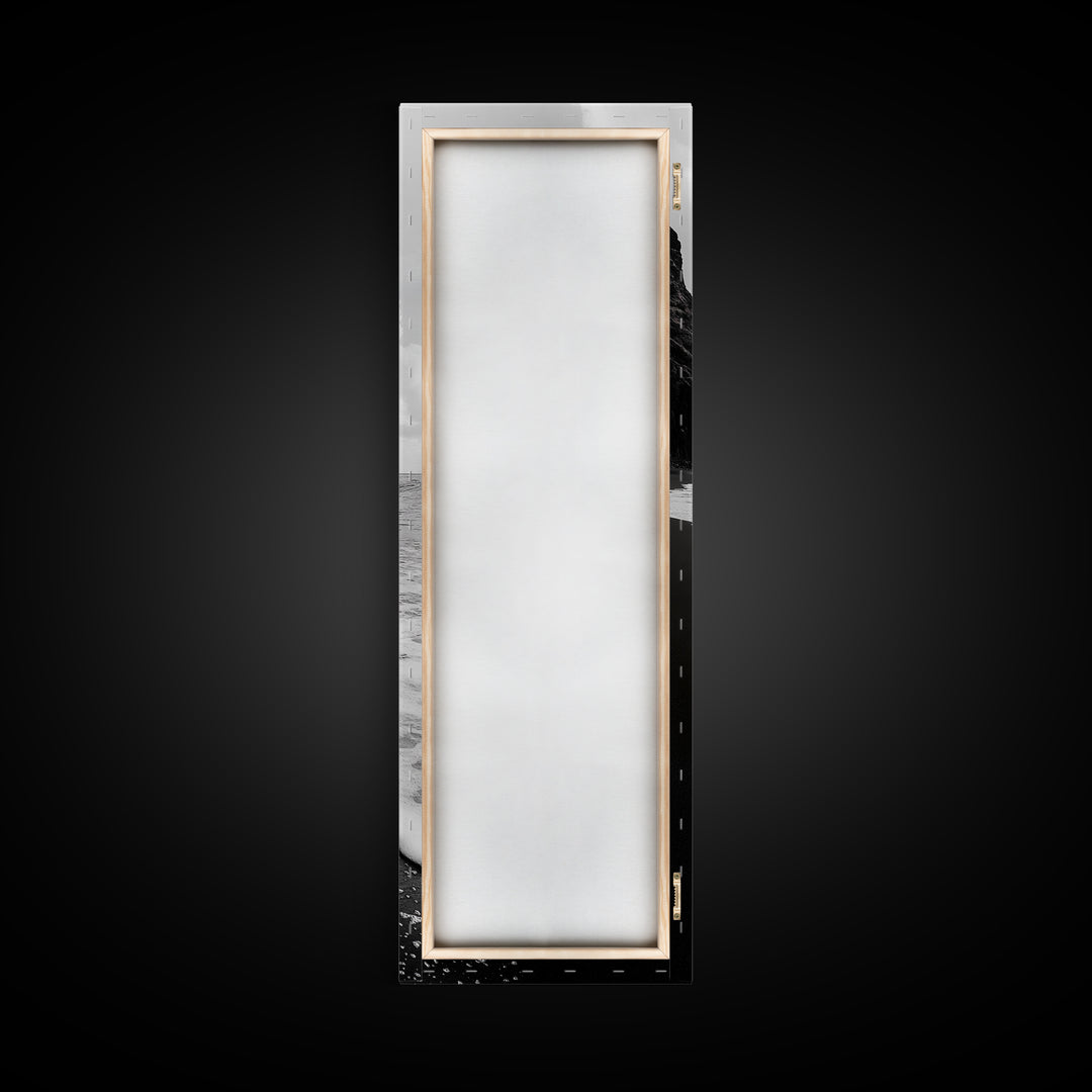 Black Sand, Ocean Foam, Rocky Shoreline, Coastal Serenity, Framed Canvas Print, Monochrome Wall Art, Bathroom Decor, Beach Minimalist