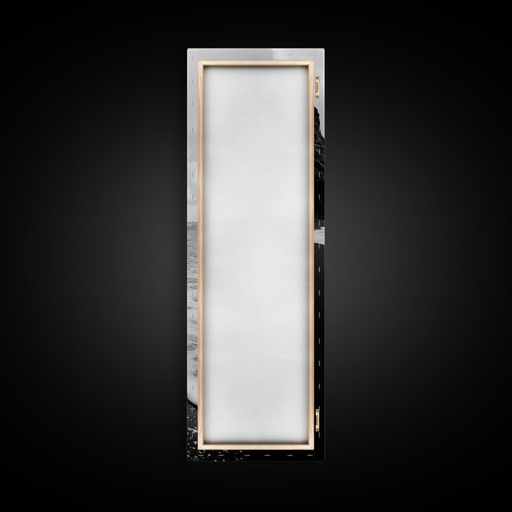 Black Sand, Ocean Foam, Rocky Shoreline, Coastal Serenity, Framed Canvas Print, Monochrome Wall Art, Bathroom Decor, Beach Minimalist