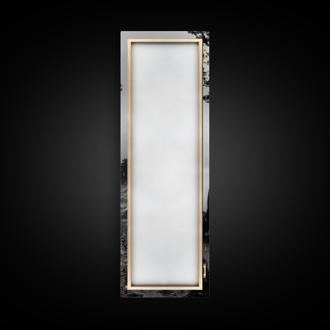 Curved Tree, Foggy Coastline, Red Leaves, Moody Nature Canvas Print, Autumn Landscape, Bedroom Wall Art, Minimalist Earthy Decor