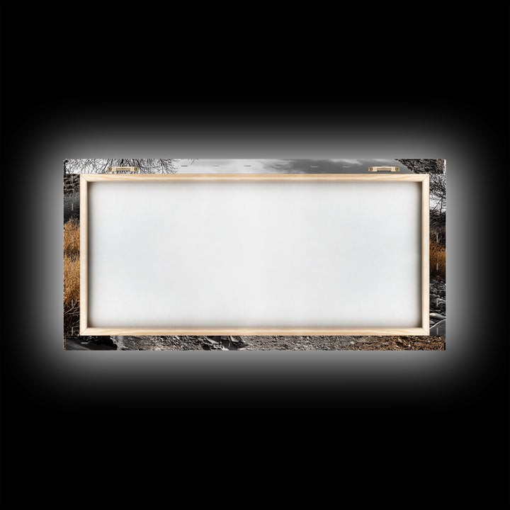 Autumn Path, Golden Bushes, Seasonal Stream, Fall Foliage, Framed Canvas Print, Cozy Entryway Decor, Rustic Wall Art, Nature Inspired