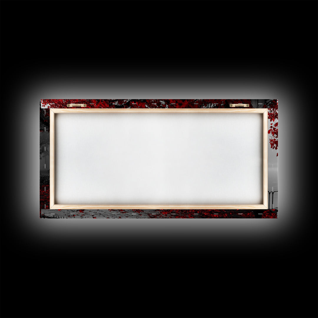 Autumn Bench, Leaves, Foggy park serenity meets bold red leaves in this Framed Canvas Print, ideal Autumn Bedroom Wall Art, Entryway Decor