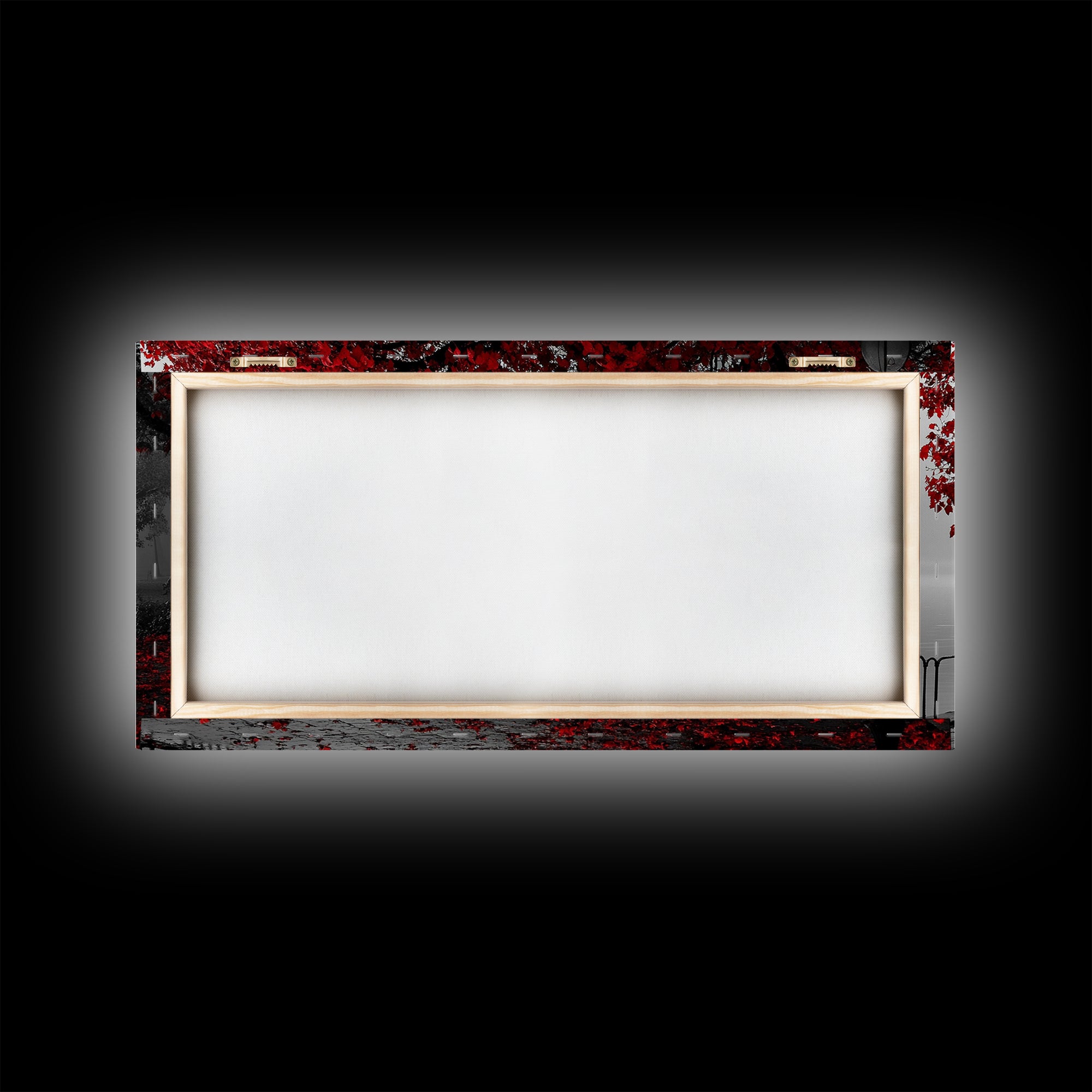 Autumn Bench, Leaves, Foggy park serenity meets bold red leaves in this Framed Canvas Print, ideal Autumn Bedroom Wall Art, Entryway Decor