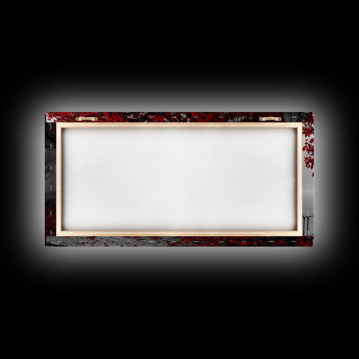 Autumn Bench, Leaves, Foggy park serenity meets bold red leaves in this Framed Canvas Print, ideal Autumn Bedroom Wall Art, Entryway Decor