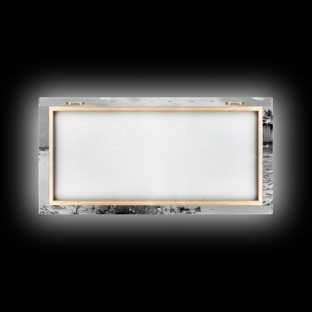 Blue Boat, Shore Village, Coastal Charm, Framed Canvas Print, Rustic Fishing Art, Seaside Home Decor, Nautical Style, Ocean Wall Art