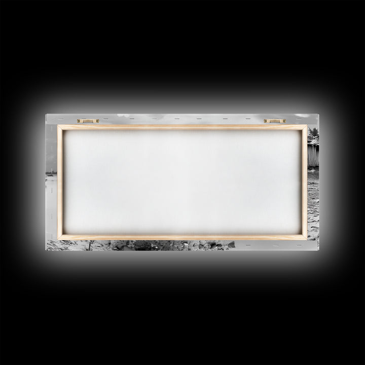 Blue Boat, Shore Village, Coastal Charm, Framed Canvas Print, Rustic Fishing Art, Seaside Home Decor, Nautical Style, Ocean Wall Art