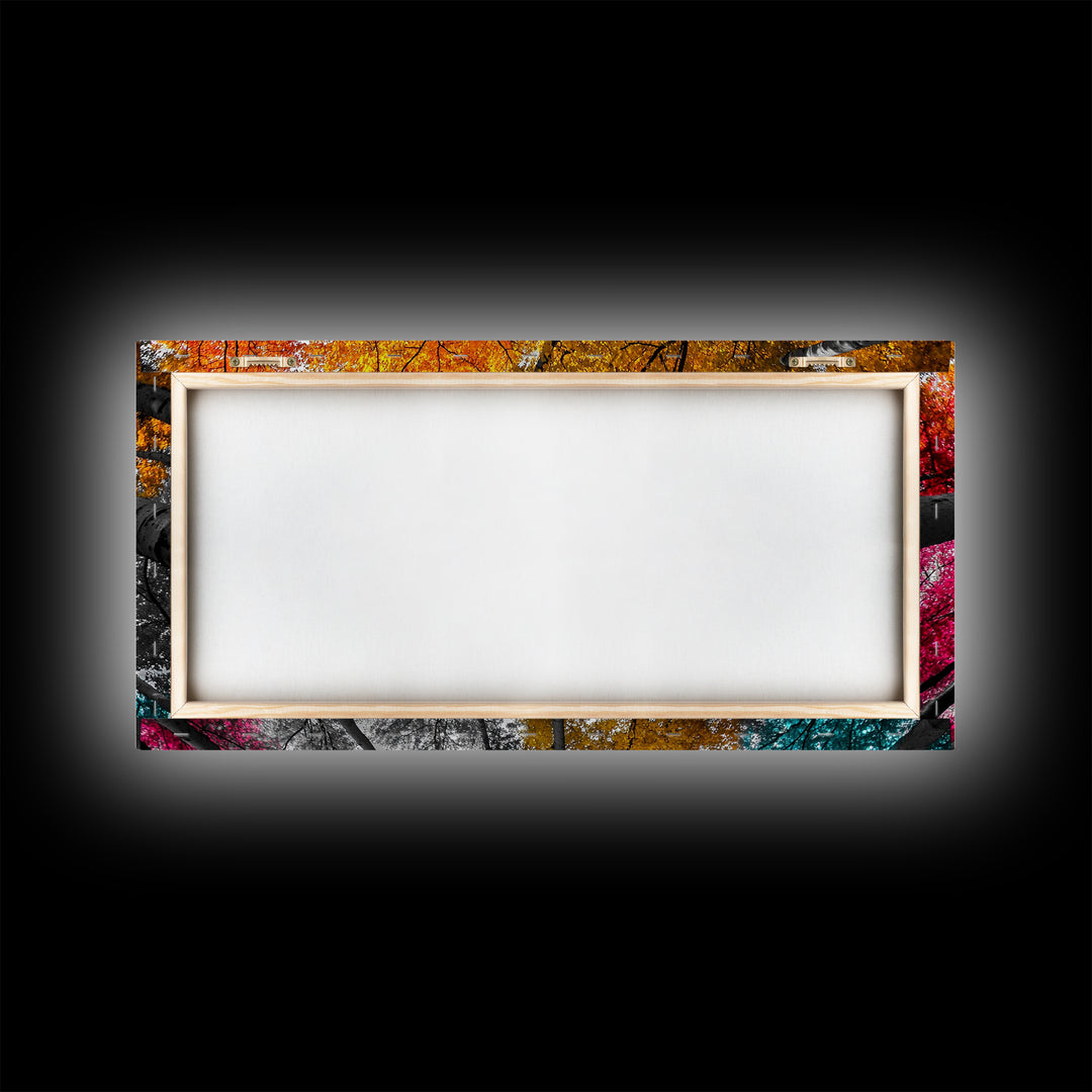 Autumn Trees, Colorful Forest, Fall Foliage, Looking Up, Framed Canvas Print, Vibrant Nature, Living Room Wall Art, Boho Style