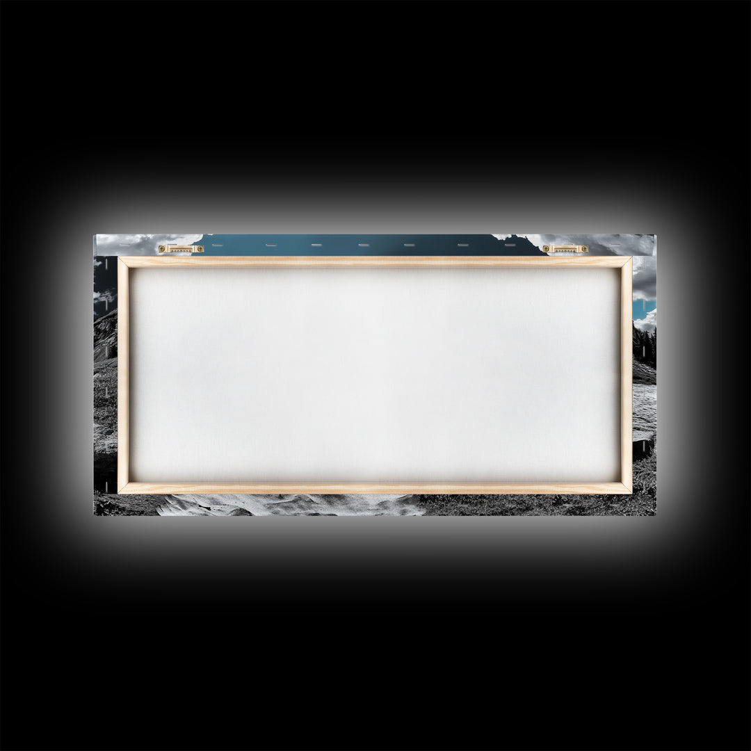 Blue Sky, Glacial Mountain, Winter Landscape, Nature Scene, Framed Canvas Print, Cabin Wall Art, Snowy Hiking Trail, Minimalist Nature Art