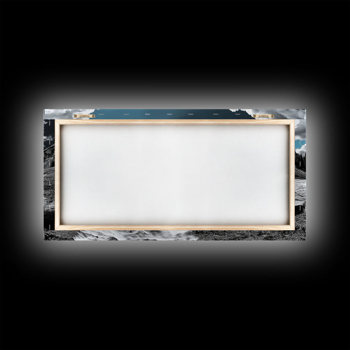 Blue Sky, Glacial Mountain, Winter Landscape, Nature Scene, Framed Canvas Print, Cabin Wall Art, Snowy Hiking Trail, Minimalist Nature Art