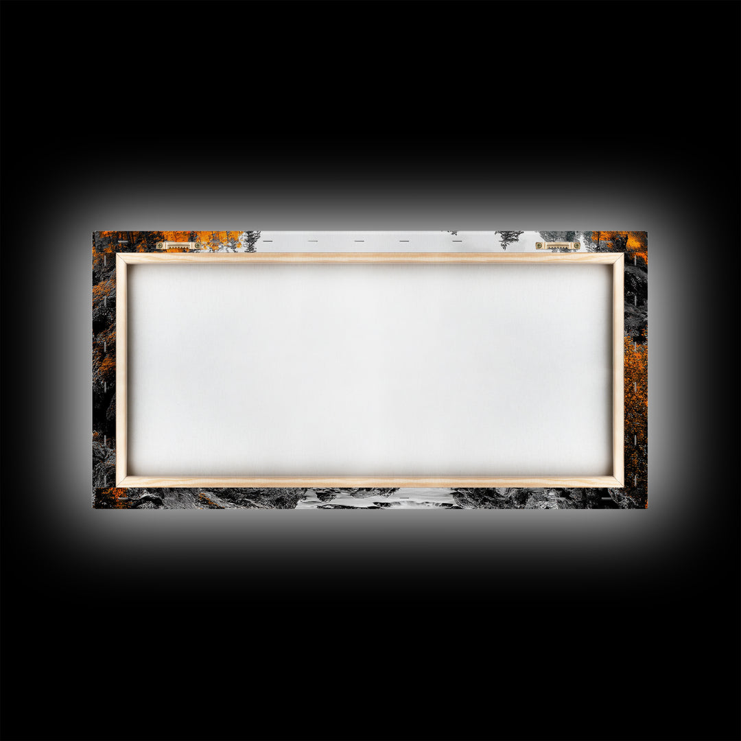 Autumn Bridge, River Gorge, Rustic Nature, Fall Trees, Framed Canvas Print, Cabin Wall Art, Seasonal Decor, Scenic Travel Landscape