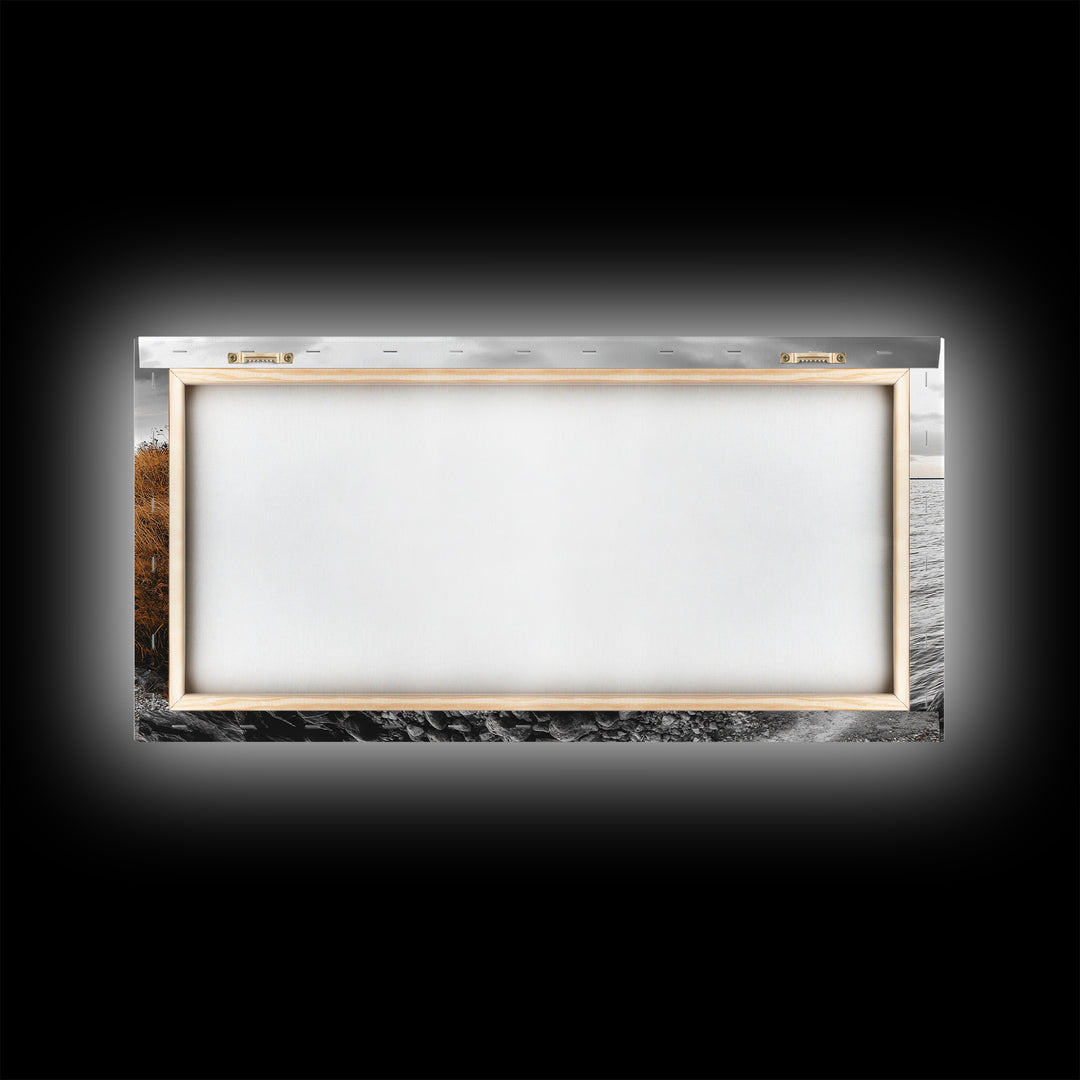 Coastal Path, Stormy Shore, Serene View, Monochrome Mood, Framed Canvas Print, Beach Wall Art, Peaceful Nature, Seaside Photography Decor