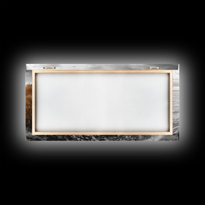 Coastal Path, Stormy Shore, Serene View, Monochrome Mood, Framed Canvas Print, Beach Wall Art, Peaceful Nature, Seaside Photography Decor