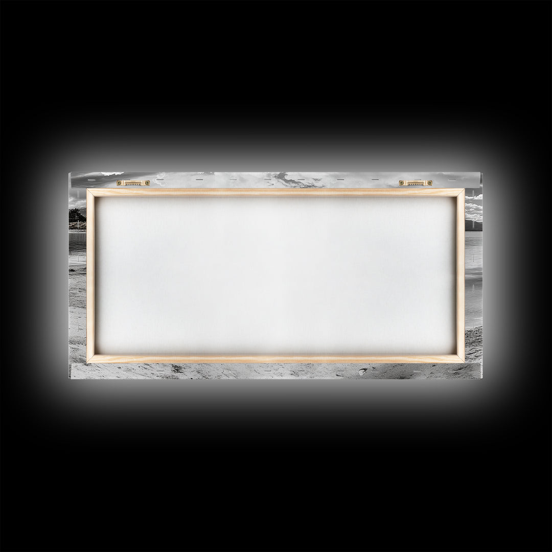 Beached Boat, Calm Waters, Cloudy Horizon, Serene Coastline, Framed Canvas Print, Coastal Wall Art, Minimalist Home Decor, Beach House