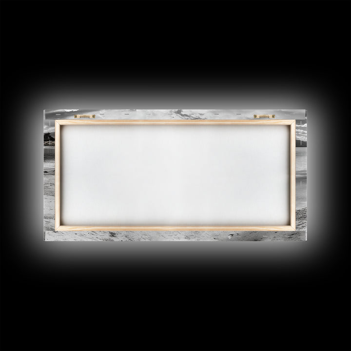 Beached Boat, Calm Waters, Cloudy Horizon, Serene Coastline, Framed Canvas Print, Coastal Wall Art, Minimalist Home Decor, Beach House