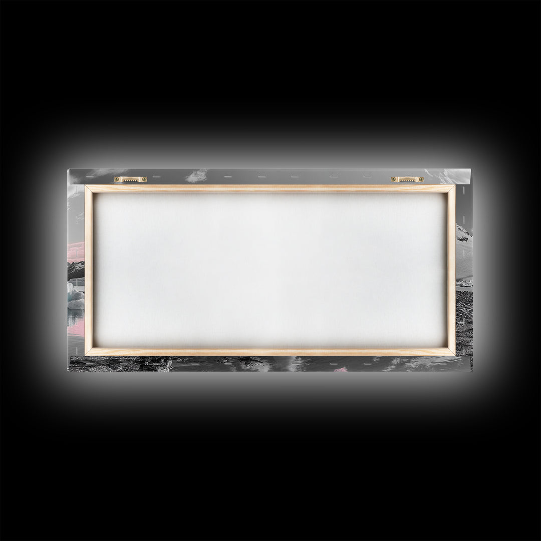 Blue Icebergs, Pink Sky, Glacial Lake, Arctic Dreamscape – Canvas Print, Nature Photography Art, Bedroom Wall Art, Serene Winter Decor