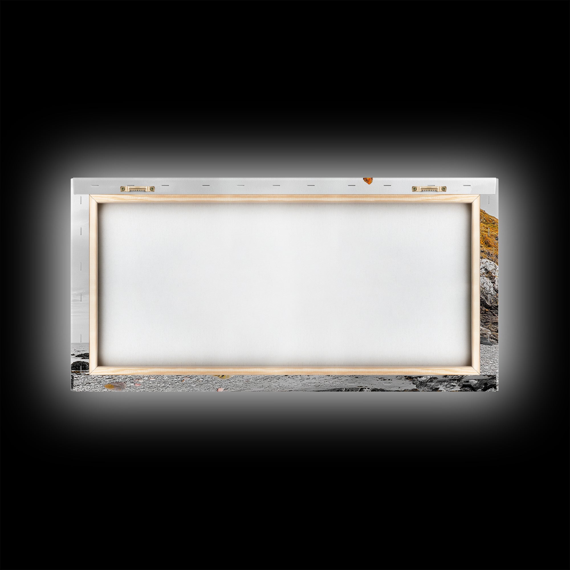 Rocky Cliffs, Orange Moss, Ocean Landscape, Coastal Vibe – Framed Canvas Print, Nature Wall Art, Fall Inspired Decor, Bathroom or Hallway