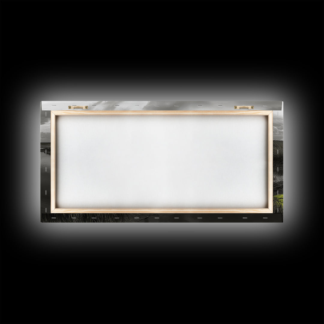 Coastal Marsh, Minimalist Nature, Black and White Art, Modern Decor, Framed Canvas Print, Bathroom Wall Art, Yellow Accents, Serene Mood