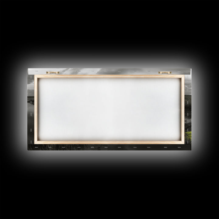 Coastal Marsh, Minimalist Nature, Black and White Art, Modern Decor, Framed Canvas Print, Bathroom Wall Art, Yellow Accents, Serene Mood