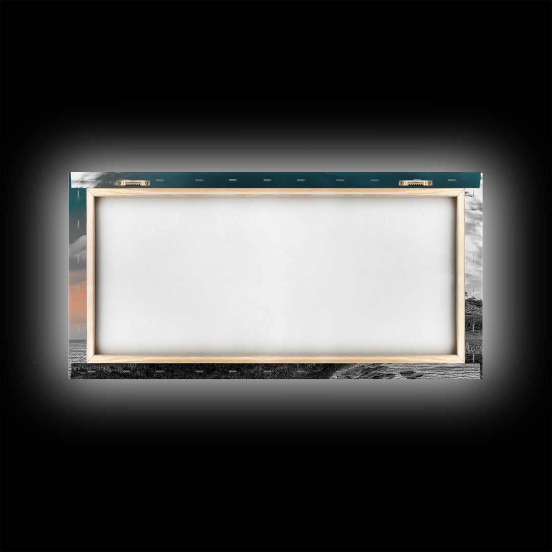 Beach House, Coastal Sunset, Ocean View, Framed Canvas Print, Modern Coastal Decor, Living Room Art, Ocean Sky Photography