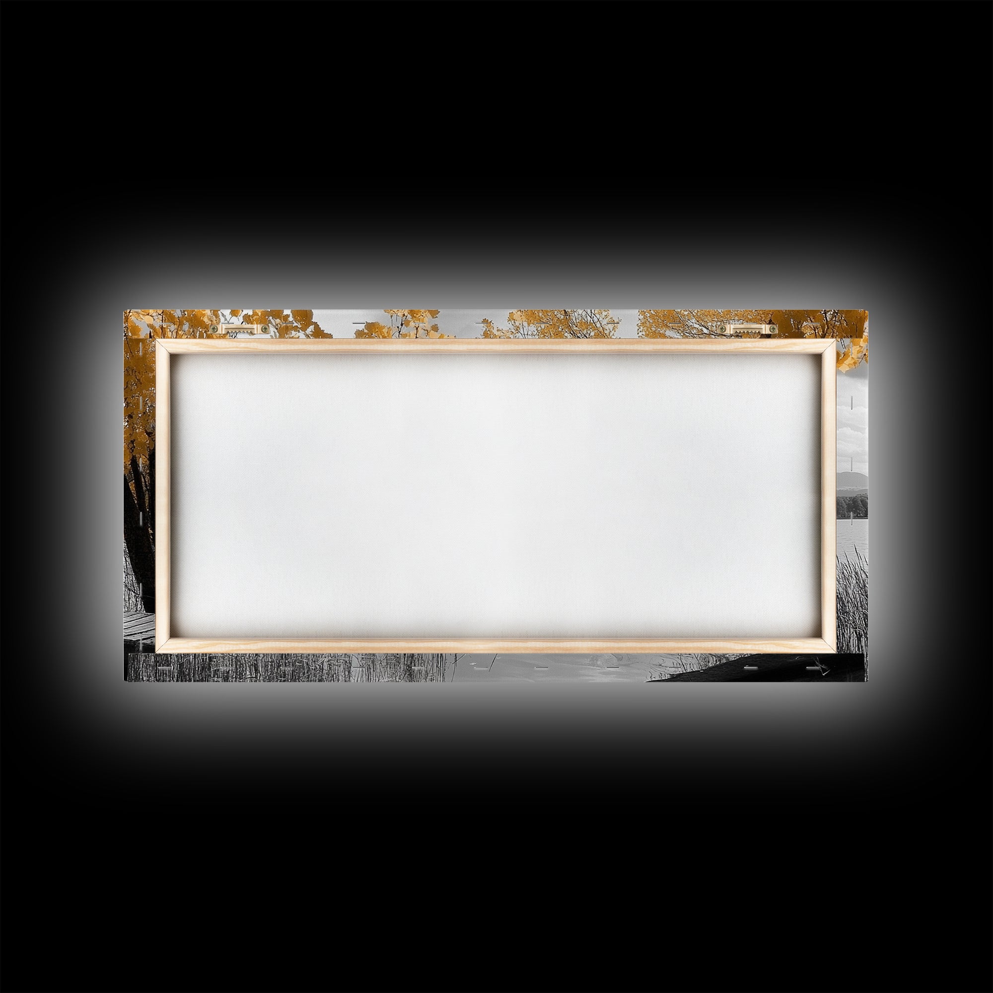 Autumn Lake, Golden Trees, Mountain Calm, Rustic Dock, Framed Canvas Print, Fall Living Room Art, Nature Landscape, Tranquil Cabin Decor