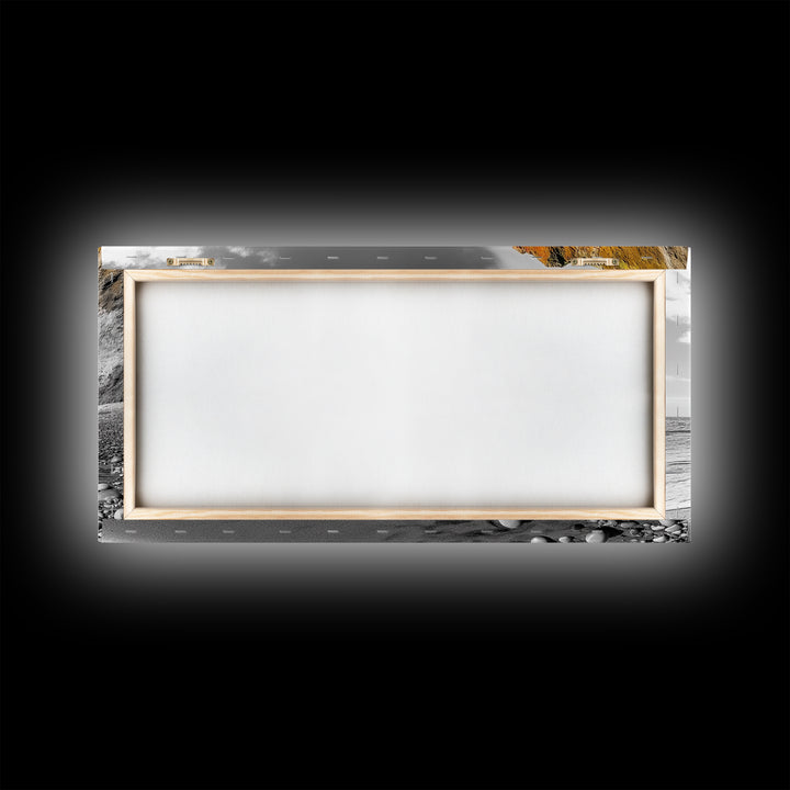 Coastal Cliff View, Monochrome Shore, Bold Nature Scene, Framed Canvas Print, Beach Wall Art, Dramatic Landscape, Modern Office Decor