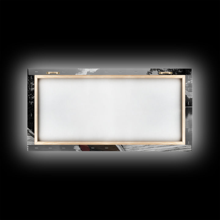 Rustic Boathouse, Red Canoe, Lake Reflection, Tranquil Nature, Framed Canvas Print, Cabin Wall Art, Autumn Lake House Decor