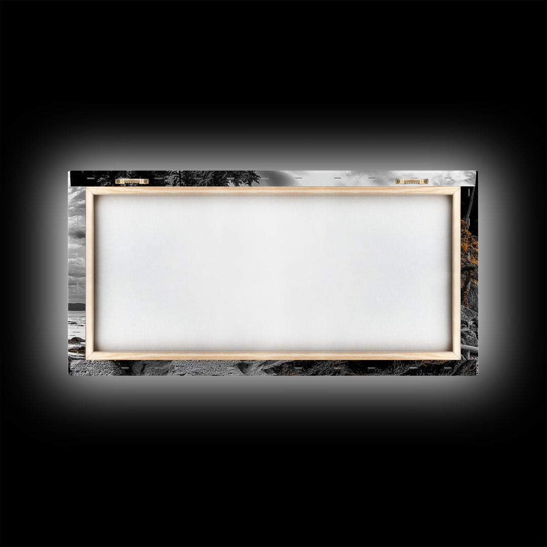 Autumn Coastline, Orange Forest Edge, Framed Canvas Print, Coastal Nature Art, Fall Wall Decor, Rustic Living Room Style, Moody Sky