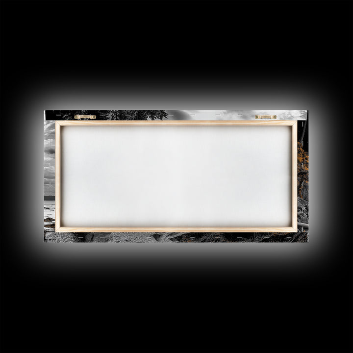 Autumn Coastline, Orange Forest Edge, Framed Canvas Print, Coastal Nature Art, Fall Wall Decor, Rustic Living Room Style, Moody Sky