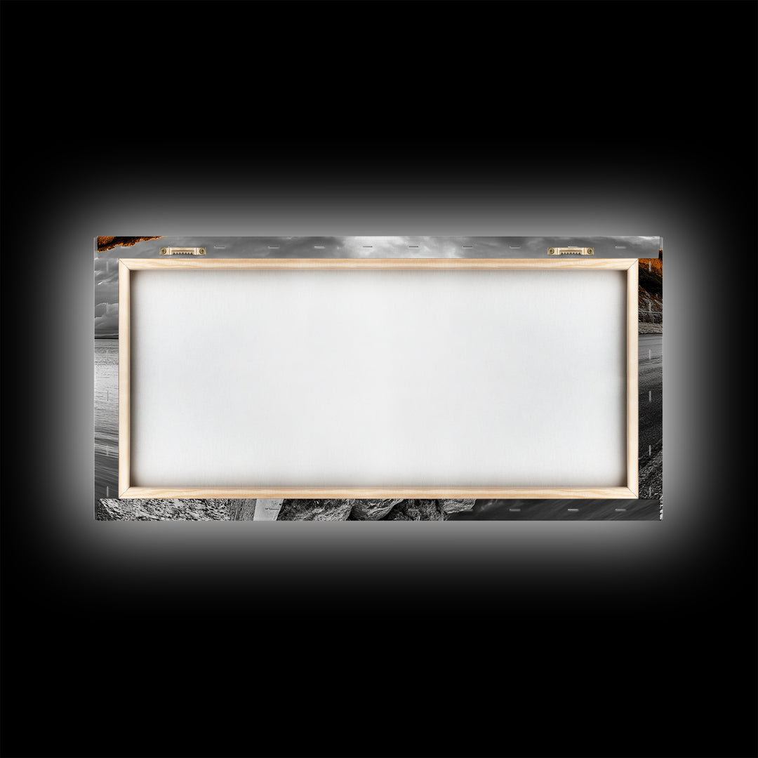 Cliffside Road, Autumn Drive, Ocean View, Stormy Sky, Canvas Print fall landscape art, modern hallway decor, minimalist travel scene