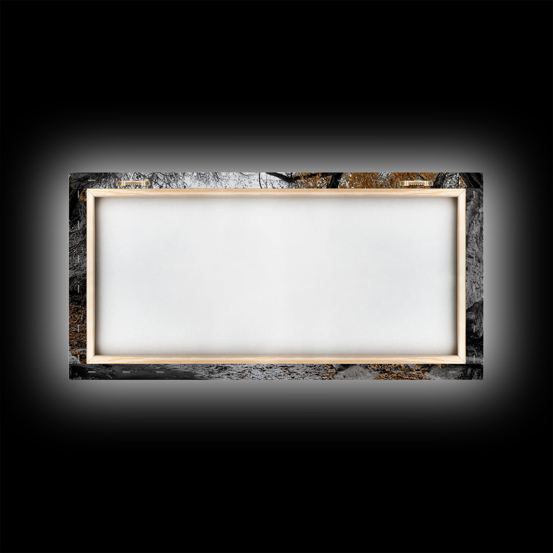 Autumn Stream, Orange Leaves, Waterfall Path, Framed Canvas Print, Fall Wall Art, Rustic Living Room Decor, Seasonal Nature Photography