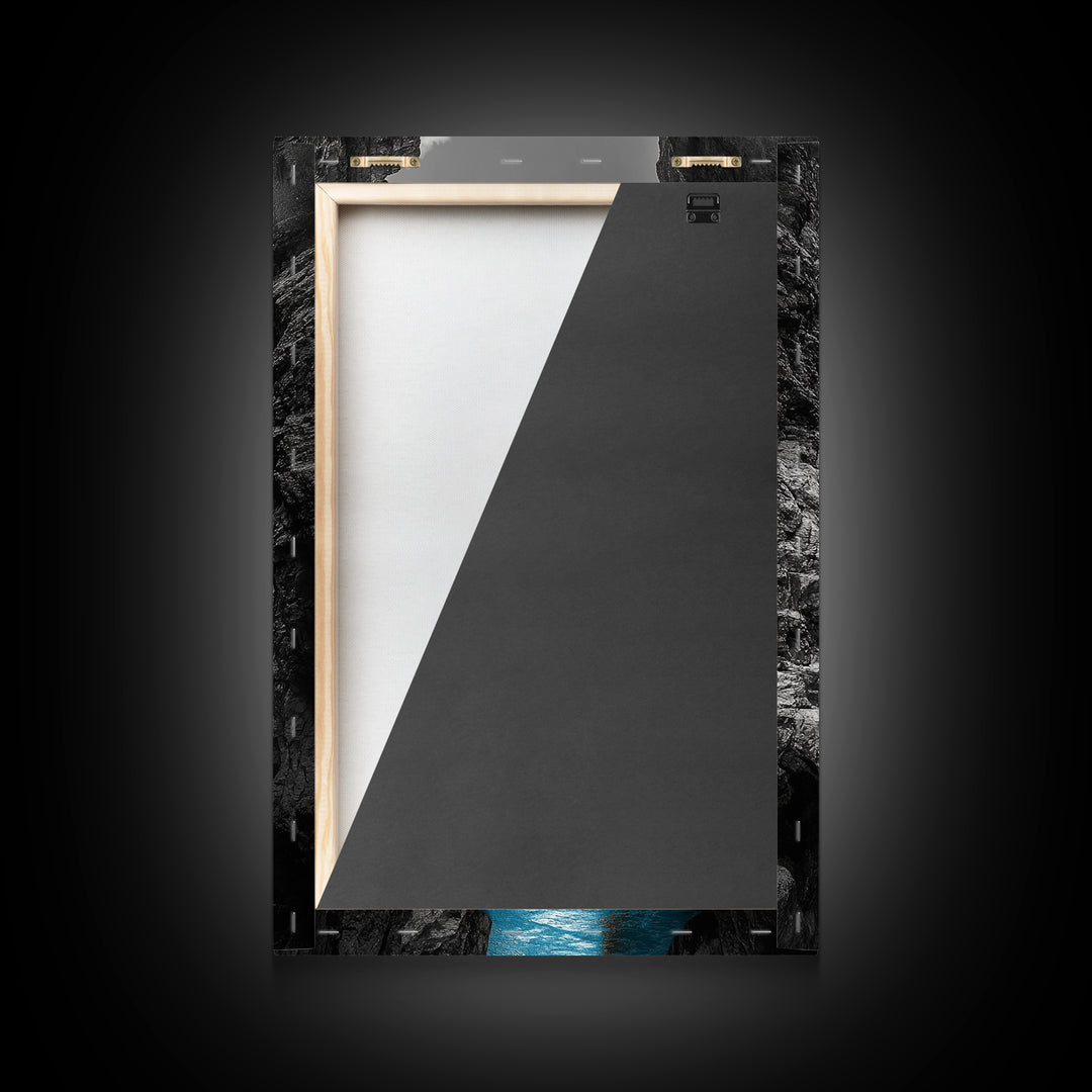 Canyon Bridge, Blue River, Yellow Figure, Framed Canvas Print, Bold Color Photography, Dramatic Landscape, Office Statement Art